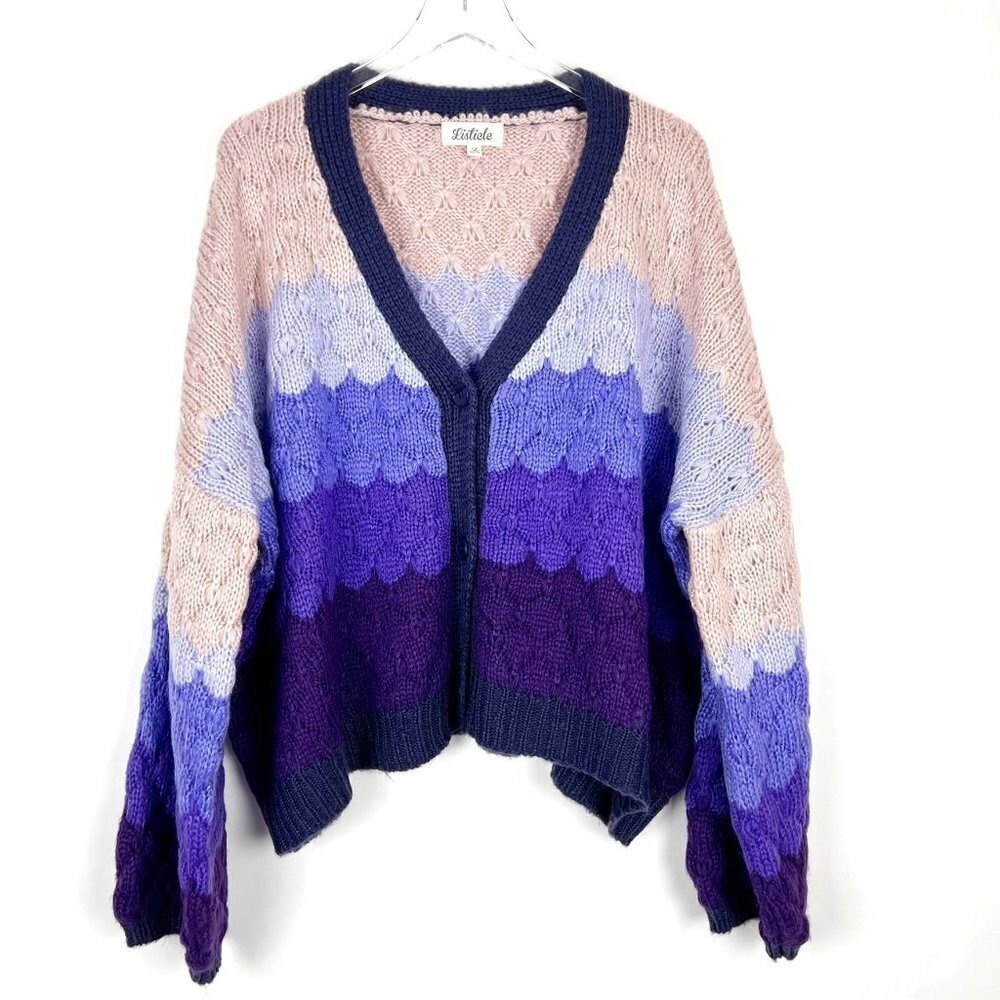 Listicle Chunky Knit Cardigan Women's L Purple Ombre Balloon Sleeve Cozy Sweater